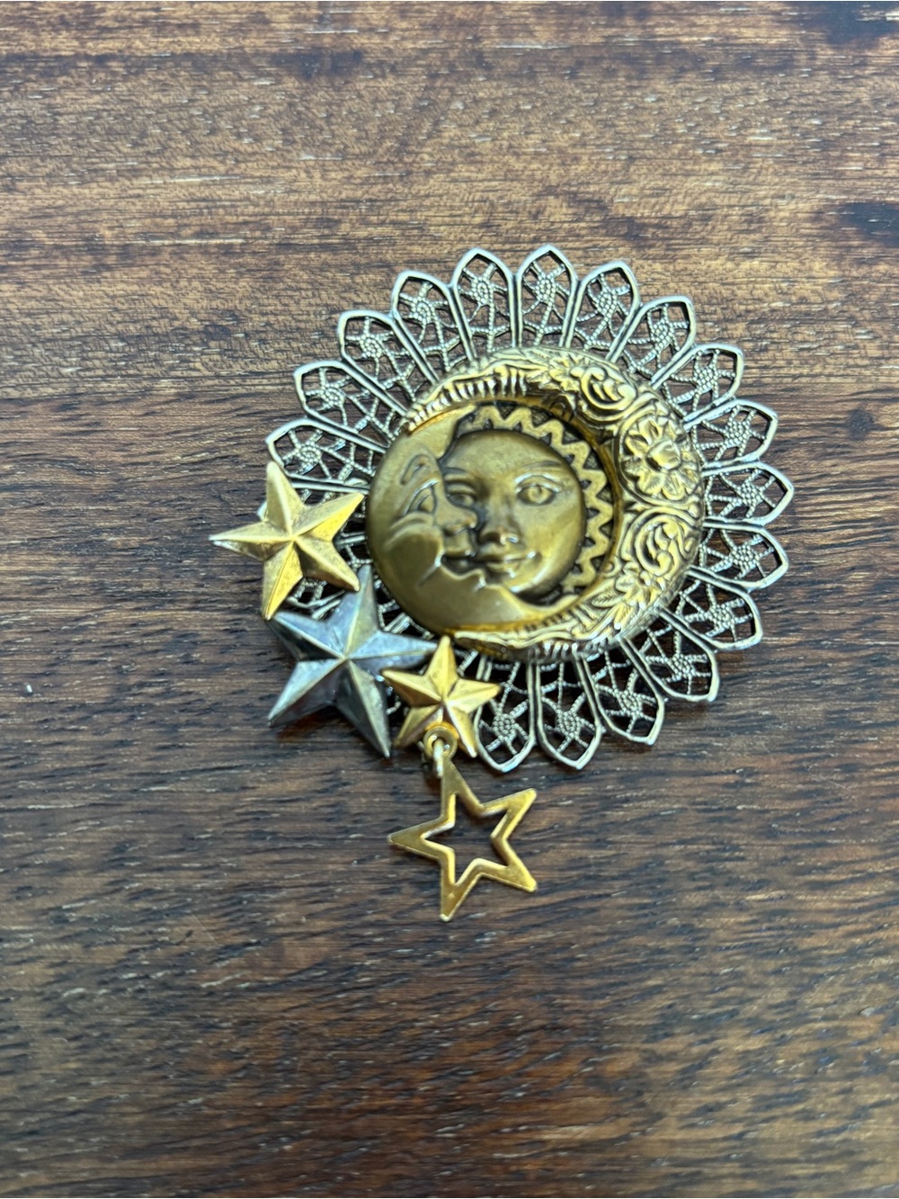 Vintage Gold Silver tone - Sun Moon and dangle Stars Brooch Pin, celestial